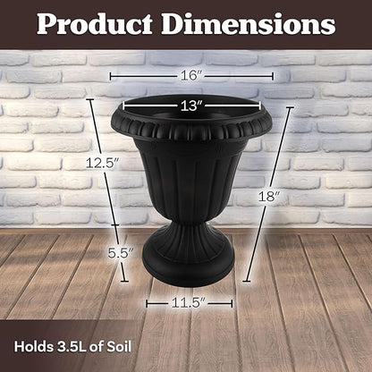 Outdoor Planter 2-Pack - 16x18-Inch Urn Planters - Plastic Plant Pots for Indoor, Outdoor, or Front Porch Decor - Flower Pots by Pure Garden (Black)