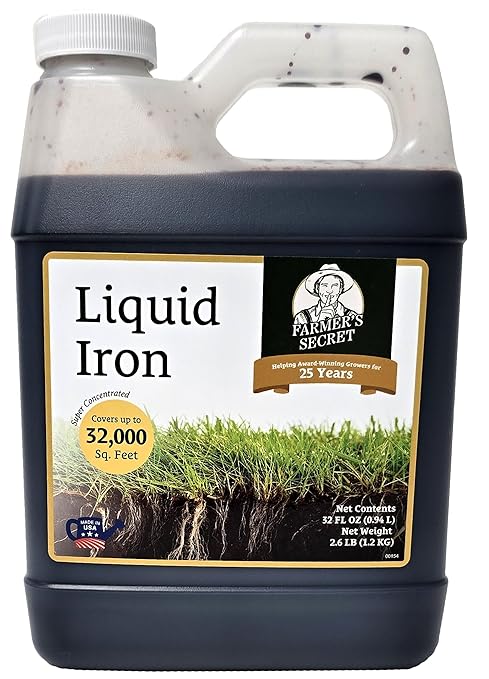 Farmer’s Secret Liquid Iron for Lawns and Gardens - Chelated Liquid Iron Supplement - For use on all Types of Grass, Plants and Trees - Covers 32K Square Feet (32oz)