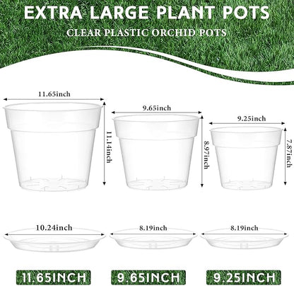Baderke 3 Pack Clear Nursery Pot Plastic Nursery Pot Large Plant with Drainage Holes for Root Health Indoor Outdoor(9.25 Inches,9.65 Inches,11.65 Inches)