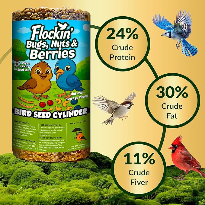 Bugs, Nuts & Berries Bird Seed Cylinders with Hole – Wild Bird Food for Blue Bird, Woodpeckers, Cardinals & More – Premium Protein-Rich All Natural Blend, No Fillers – USA Made (3.75 lbs, 6" x 7.75")