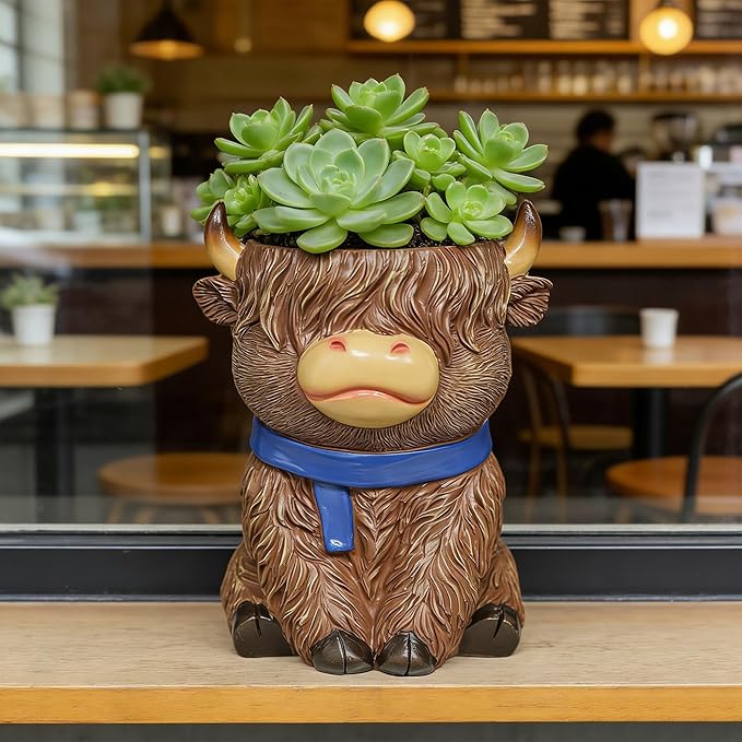 Cute Highland Cow Planter Pot - Shaggy Resin Succulent Pot with Drainage, Aesthetic Scottish Cow Flower Pot for Boho Home Decor, Desk, Patio | Unique Cow Gifts for Women, Mom, Plant Lovers (Brown)