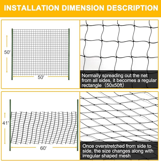 Bird Netting 50'x50' with 1" Square Mesh Bird Net Garden Nettings for Chicken Coop Roof, Poultry Netting Heavy Duty Nylon Net Aviary Nettings Deer Fence Hawk nets for Chicken Run