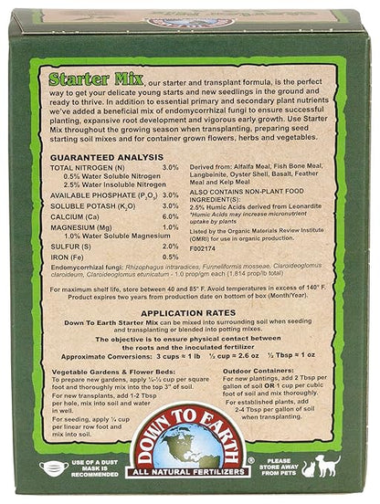 Down To Earth All Natural Fertilizers Organic Starter Mix - Plant Food for Starts, Transplants, New Gardens, Containers 3-3-3, 1 lb