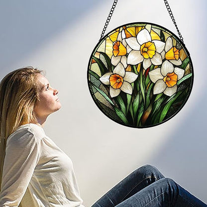 Stained Glass Window Hanging, Yellow and White Daffodils Sun Catcher for Door Home Decor Plants Flowers Suncatcher Christmas Mother's Day Birthday Gifts for Women Men Mom Nana 11.8 in