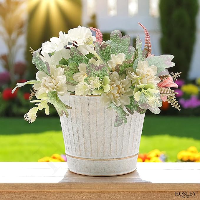 Hosley Metal Planters 7" Dia x 6" H Ideal Farmhouse Decor for Floral Arrangements Weddings, Gift Special Events Parties Outdoor Planters White wash