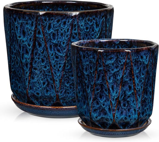 Oairse Ceramic Pots for Plants, 8+6 inch Plant Pots with Drainages Holes & Saucers Large Blue Ceramic Planters Decorative Flower Pot for Indoor Plants Outdoor Inoor