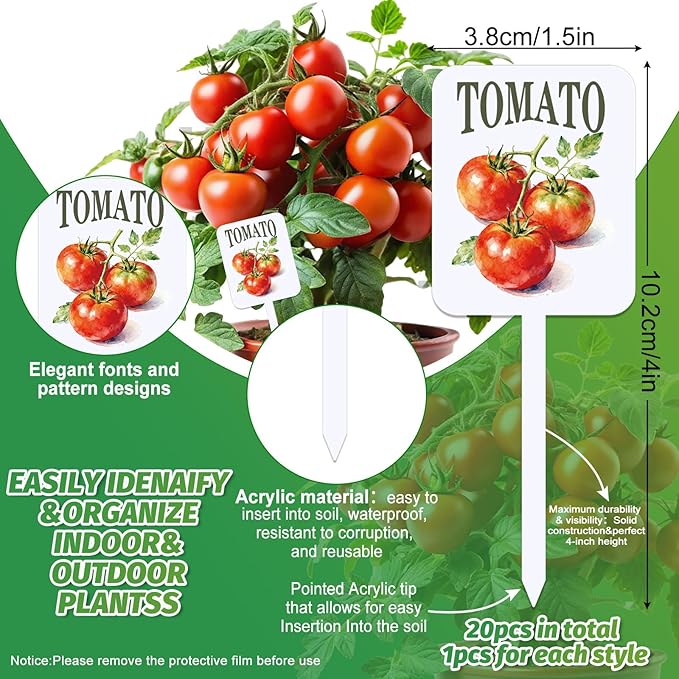 AnyDesign 20Pcs Acrylic Vegetable Plant Label Signs Garden Markers 20 Styles Vintage Vegetable Fruit Waterproof Potted Plant Stake Tags with Names for Nursery Indoor Outdoor Garden Decor