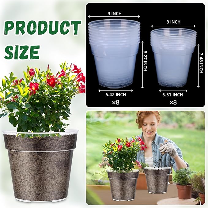 Maxcheck 16 Pcs Thick Clear Nursery Pots for Plants Transparent Plastic Garden Pots with Holes for Seedling Variety Plants Growing in Garden Home (8+9 Inch)