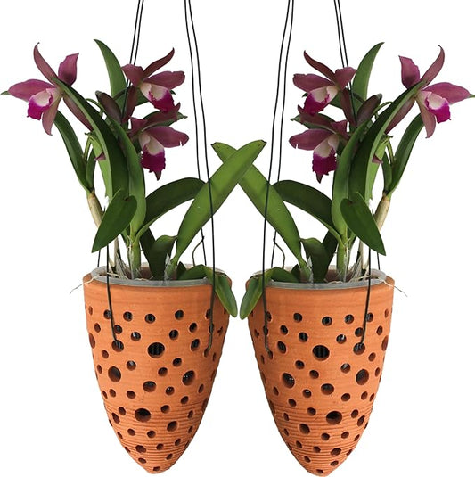 2 Terracotta Rocket Shaped Orchid Pots with Holes for Small Plants, Hanging Clay Orchid Planters for Outdoors