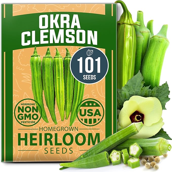 HOME GROWN Clemson Spineless Okra Seeds - 101 Heirloom Vegetable Seeds, Premium Garden Seeds for Planting Outdoors (Abelmoschus esculentus)