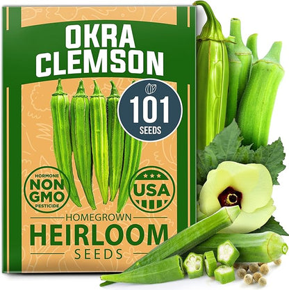 HOME GROWN Clemson Spineless Okra Seeds - 101 Heirloom Vegetable Seeds, Premium Garden Seeds for Planting Outdoors (Abelmoschus esculentus)