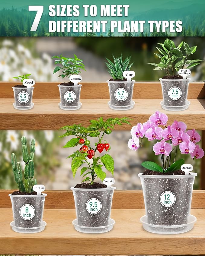 27 Pack Clear Nursery Pots with Drainage 12/9.5/8/7.5/6.7/5/4.5 Inch Nursery Pots with Saucers Transparent Seed Starting Pots Including Plant Labels for Indoor Outdoor Home Gardening