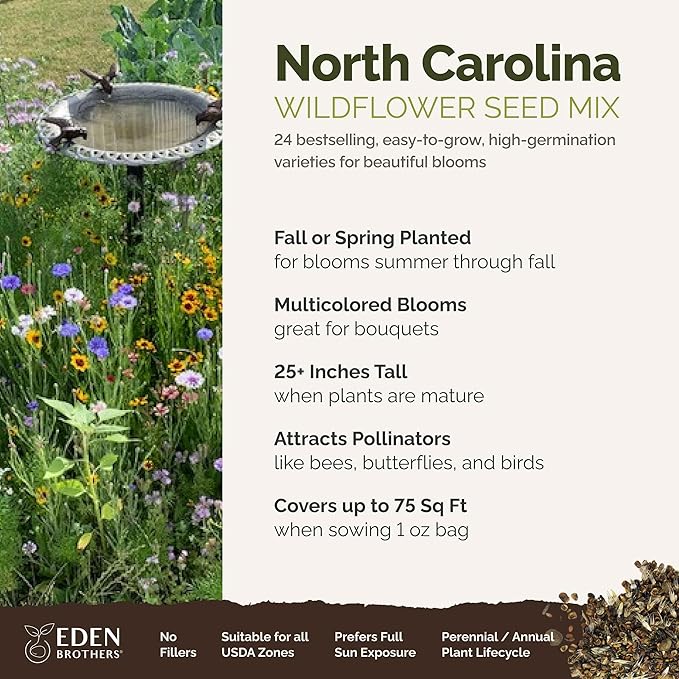 Eden Brothers North Carolina Wildflower Mixed Seeds for Planting, 1 oz, 30,000+ Seeds with Cornflower, African Daisy | Attracts Pollinators, Plant in Spring or Fall, Zones 3, 4, 5, 6, 7, 8, 9, 10