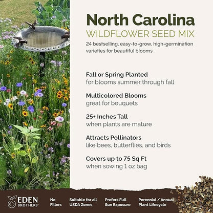 Eden Brothers North Carolina Wildflower Mixed Seeds for Planting, 1 oz, 30,000+ Seeds with Cornflower, African Daisy | Attracts Pollinators, Plant in Spring or Fall, Zones 3, 4, 5, 6, 7, 8, 9, 10