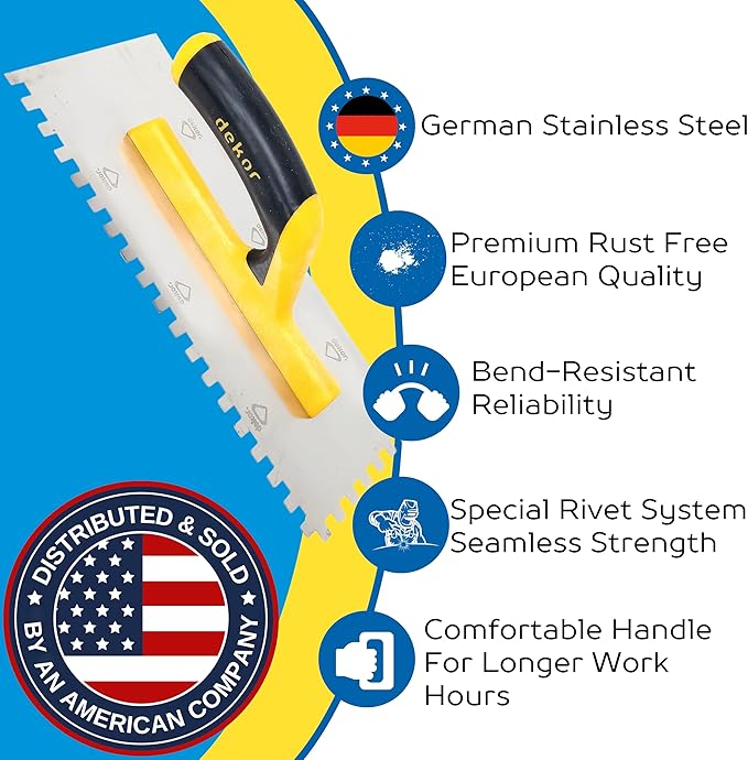 DEKOR Notched Trowel - 18" x 4.75" - Square Notch 5/16" - German Stainless Steel - Tile Tools, Concrete and Drywall Trowel, Made in Europe for DIY & PRofessional Use (Plastic Handle)
