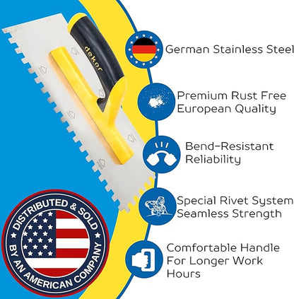 DEKOR Notched Trowel - 18" x 4.75" - Square Notch 5/16" - German Stainless Steel - Tile Tools, Concrete and Drywall Trowel, Made in Europe for DIY & PRofessional Use (Plastic Handle)