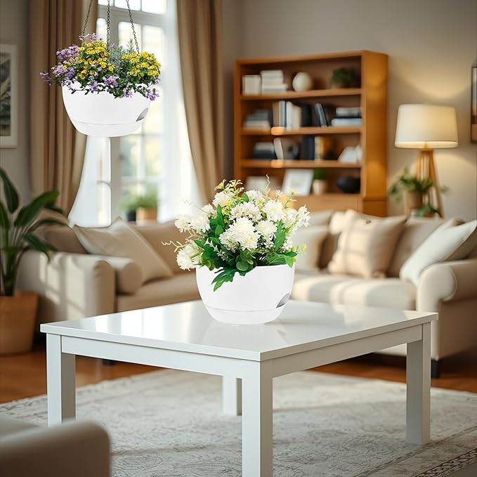 2 Pack 12 Inch Self Watering Hanging Planters for Indoor Plants, Large White Plastic Hanging Pots with Chains for Outdoor Patio Garden Home Decor White