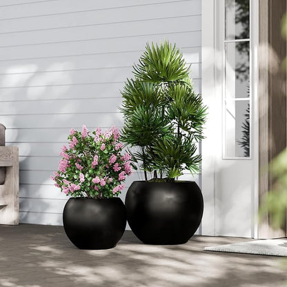 DTY Mount Sherman 16.1'' D x 13.6'' H (Pot Opening 11.8") Fiberstone Round Planter with Drainage Hole, Smooth Finishes, Weather Resistant for Indoor and Outdoor, 2 Extra Coco Mats - Black, Medium