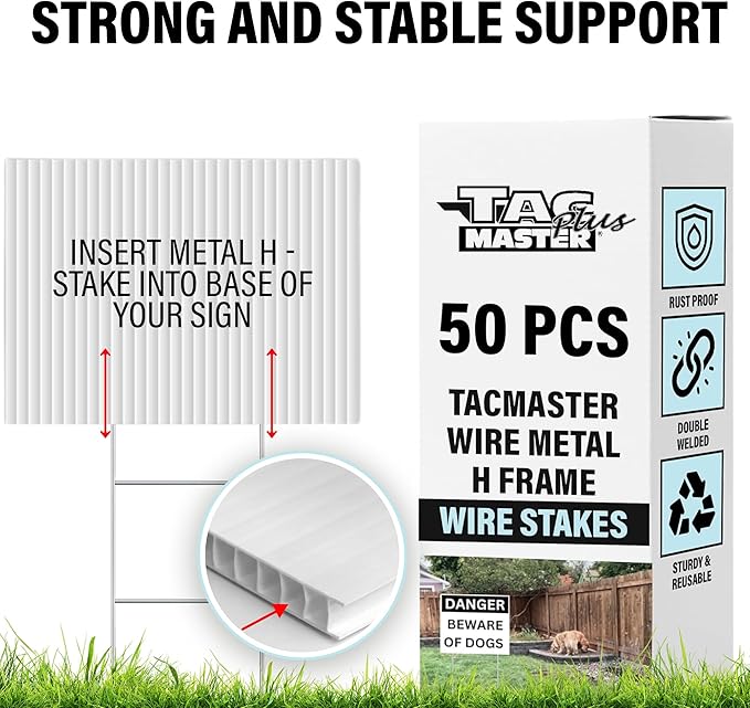 Tacmaster Wire Metal Yard and Sign H Stakes – Durable Blank Lawn Sign Posts for 4mm Corrugated Panels, Real Estate Signs, Waterproof and Wind Resistant, Ideal for Outdoor Use, 30"x10" – 50 Pack