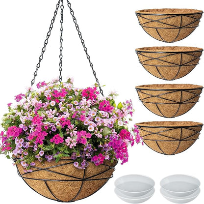 4 Pack 14 Inch Hanging Flower Baskets for Outdoor Plants Large Metal Wire Planters with Coco Liner Pot for Home Planting Black Watering Plant Holders for Outside Garden