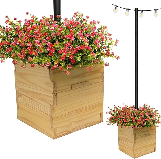 Extra Large Decorative Wooden Planter w/ Universal Pole Support for String Light Poles,Umbrellas,Bird Feeders. Solid Wood Outdoor Garden Box for Plants(Does not include Pole), 17"x17"x18", Natural