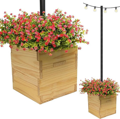 Extra Large Decorative Wooden Planter w/ Universal Pole Support for String Light Poles,Umbrellas,Bird Feeders. Solid Wood Outdoor Garden Box for Plants(Does not include Pole), 17"x17"x18", Natural