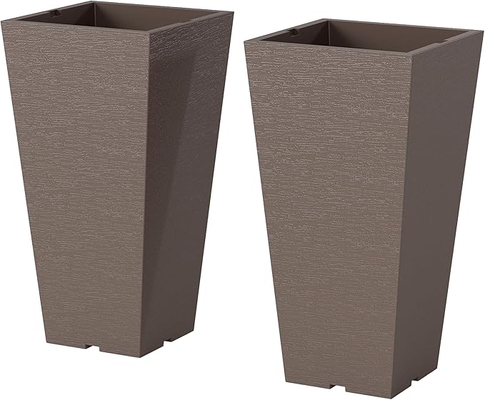 Outsunny 23 Inch Tall Planters for Outdoor Plants, Set of 2 Plastic Flower Pots, Weather and UV Resistant Stackable Tapered Large Planters for Front Door Patio Garden Use, Brown