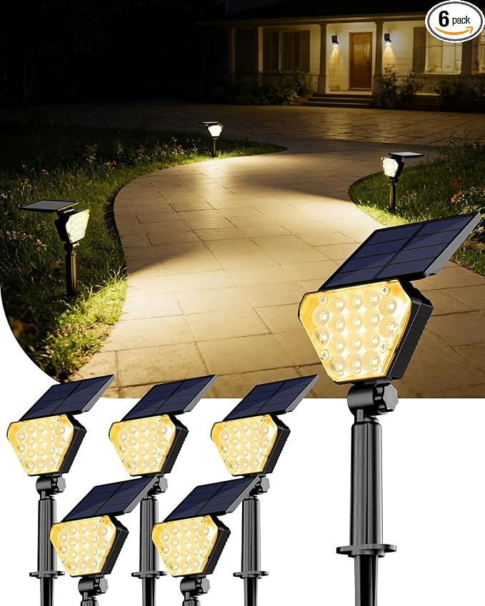 T-SUN Solar Lights Outdoor Waterproof IP65, 6Pack LED Solar Spot Lights Color Changing IP65 Waterproof Smart Auto On/Off for Outside Landscape Garden Yard Lawn Pathway Patio Driveway