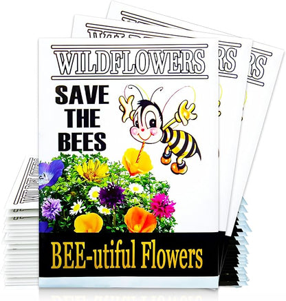 Pack of 20 Pre-Filled Flower Seed Packets for Pollinators Wedding Party Favors Bridal Shower School Events Thank You Events Memorials Earth Day- Save The Bees Assorted Bee Friendly Flower Seeds
