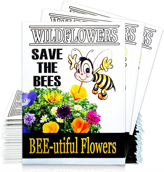 Pack of 20 Pre-Filled Flower Seed Packets for Pollinators Wedding Party Favors Bridal Shower School Events Thank You Events Memorials Earth Day- Save The Bees Assorted Bee Friendly Flower Seeds
