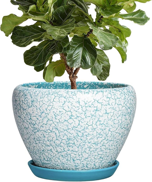 Ceramic Flower Pots - 10 Inch Ceramic Planter with Drainage Hole and Tray, Large Planters for Indoor Outdoor Plants, Decorative Planter, Living Room Decor, Plant Lover Gifts, Crackle Blue
