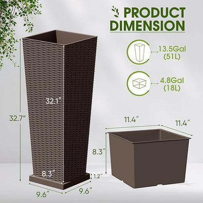 Devoko Resin Tall Planters with Tray for Outdoor Plants Set of 2, Large Taper Outdoor Planter Pots with 4 Drainage Holes, Flower Pots Modern Decor for Porch, Patio, Backyard, Garden(Brown, 32")