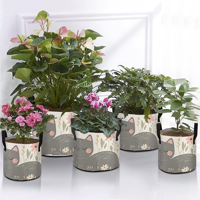 Fabric Plant Grow Bags Cartoon Grey Cat, 7Gallon Cloth Planting Pouch Flower Pot Thickened for Garden Vegetable Flower Planting