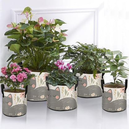 Fabric Plant Grow Bags Cartoon Grey Cat, 7Gallon Cloth Planting Pouch Flower Pot Thickened for Garden Vegetable Flower Planting