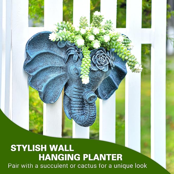 Sungmor Resin Elephant Head Wall Pot, Unique Bohemian Style Animal Face Planter, Vertical Hanging Plant Pot, Pretty Decorative Flower Pot for Indoor Outdoor Plants, for Gardening Lovers