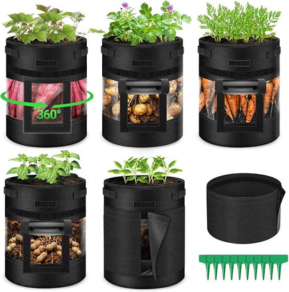 5 Pack 10 Gallon 360° Visible Potato Grow Bags with Shading Flap & Harvest Window – Heavy Duty 400g Non-Woven Fabric Potato Bags for Growing Potatoes with 10 Green Labels, Potato Growing Containers