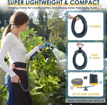 Non-Expandable Garden Hose 75 FT, Lightweight Hose with 10 Function Spray Nozzle, Kink-Free Flexible Water Hose, Durable, Leak-Proof, 360° Swivel Connectors, Portable Storage Strap