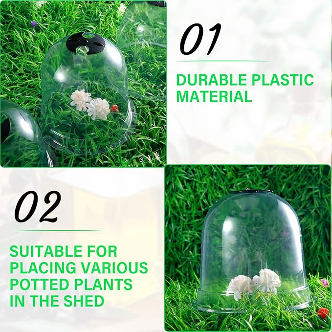 Zopeal 20 Pcs Small Garden Cloche Humidity Plant Dome 7.68" Dia x 6.7" H Reusable Thick Garden Plant Protector Covers Clear Plastic Dome Mini Greenhouses with 80 Securing Pegs for Winter Outdoor Seed