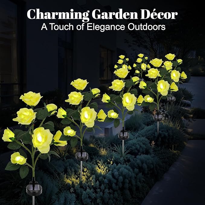 Solar Rose Lights Outdoor, 2 Pack with 14 Rose Flowers Waterproof Color Changing LED Flower Lights, Solar Powered Garden Stakes for Yard, Patio, Pathway Decor - Artificial Floral Decorative Lighting