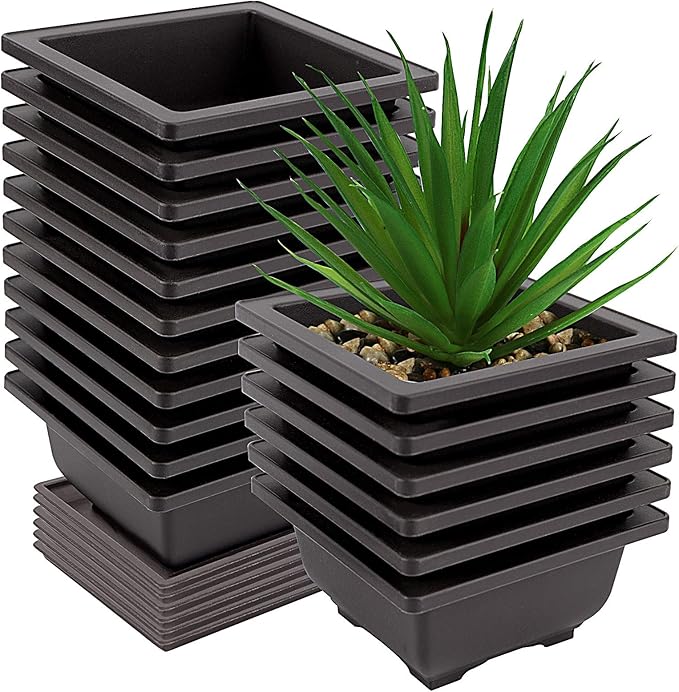 ZOENHOU 20 PCS 4.7 Inch Bonsai Training Pots, Square Plastic Bonsai Plants Growing Pot with Deep Humidity Trays for Garden, Yard, Office, Living Room, Balcony