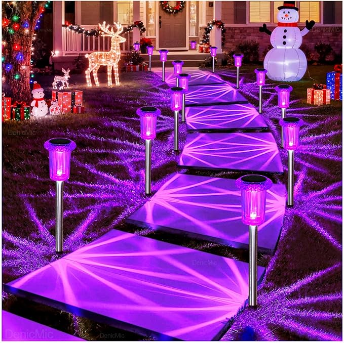 DenicMic Solar Lights Outdoor 10 Pack Waterproof Purple LED Stainless Steel Stake Outside Lights for Yard Pathway Garden Driveway Walkway Landscape Path Lighting