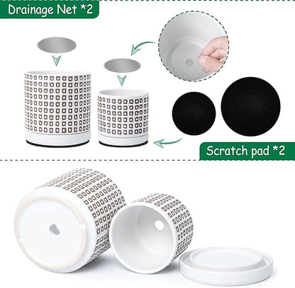 D'vine Dev Set of 2 Ceramic Planter Pots with Drainage Hole and Saucer, 4.5 Inch 6 Inch Plant Pots for Plants Indoor Houseplants, White, 99-A-1
