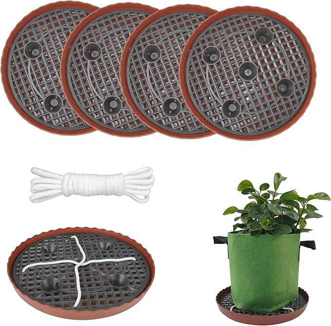 4 Pack 12.6 inch Self Watering Base for 1-5 Gallon Fabric Pot, Automatic Watering Tray System for Non-woven Grow Bag, Plastic Elevated Plant Flower Saucer Stand Growth Tent Greenhouse Indoor Outdoor