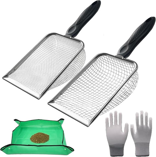 2pcs Gardening Soil Sifter,3.8/5mm Mesh Stainless Steel Sand Soil Compost Sieve and Rock Sieve with Handle for Gardening(Includes Gloves and Repotting Mat)