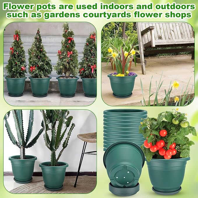 12 Pcs 10'' Plastic Plant Pots Round Planter Pots with Saucer Tray Seedling Pot Hole Seed Resin Plant Pot Starting Nursery Flower Container with Pallet for Garden Outdoor Indoor (Green)
