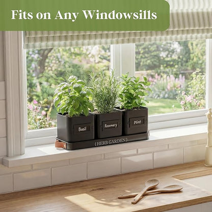 PERFNIQUE Indoor Herb Garden, Herb Planter Set with Tray, Farmhouse Indoor Plant Pots, Windowsill Herb Garden with Drainage(Planter only) for Indoor/Outdoor, Window Pots(Matte Black)