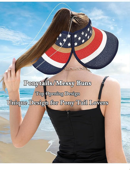 Womens Beach Straw Sun Hats Ponytail Hole Wide Brim Summer Visor Foldable Hat Sun Protection Packable for Travel Pool
