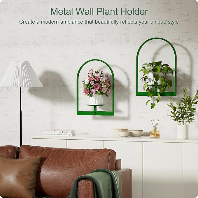 Green Metal Wall Plant Holder - 2-Pack Wall Mounted Plant Stands and Hanging Holders for Indoor Planter and Flower Pot - Arch Decor Shelf for Plant Storage (Pot Not Included)