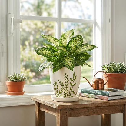 Ceramic Pots for Plants - 6 Inch Plant Pot for Indoor Outdoor Plants, Ceramic Planter with Drainage Hole and Saucer, Decorative Round Planter, Gifts for Plant Lovers, Home Room Decor, White