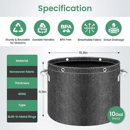 InfiniPower 10 Pack 10 Gallon Plant Grow Bags, 400G Thick Nonwoven Fabric Pots with Multi-Purpose Rings and Handles, Reusable for Low Stress Plant Training Fruits, Vegetables and Flowers